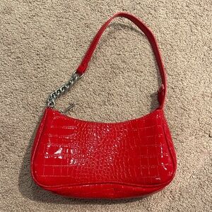 Red Croc-Embossed Shoulder Bag